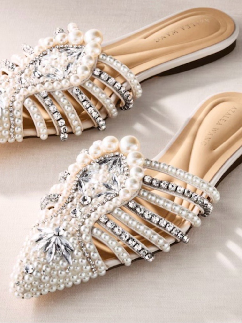 NEW Azalea Wang rhinestone pearl pointed toe bridal flats Adeline mule wedding
